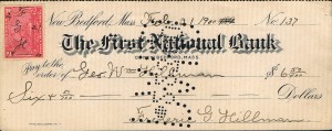 Check udstedt i New Bedford, Mass, den 21. februar år 1900 No.137 af The First National Bank påsat Two cents Battleship Documentary mærke (stempelmærke) i afgift til financiering af den Spansk-Amerikanske krig i 1898.