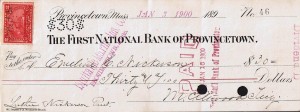 Check udstedt i Provincetown, Mass, den 3. januar år 1900 No.46 af The First National Bank of Provincetown påsat Two cents Battleship Documentary mærke (stempelmærke) i afgift til finansiering af den Spansk-Amerikanske krig i 1898.