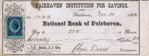 Check udstedt i Fairhaven ”Fairhaven Institution For Savings” i år 1882 No.1023 af National Bank of Fairhaven påsat Two cents U.S. Inter Rev. (stempelmærke) i afgift til financiering af den Spansk-Amerikanske krig i 1898. Bemærk stemplet i lilla farve med ”PAID”