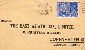 Billede 3 Her ovenover: Perfinbrev / Billede 3: Afsendt fra byen Madras i Indien af The East Asiatic Company (India Limited) P.O. Box 146, (står bag på brevet) den 19.december 1946, destination MESSRS. The East Asiatic Co., Limited, 8, Kristianiagade, Copenhagen Ø, Denmark. Europe. Frankeret med SG 280 / 205 / 3½a. Blå, 1946. (Stanley Gibbons, Stamps of the world in colour).
