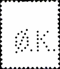 Kbh. 2) Perfinbilledet Ø 7.1, er det næste perfinbillede ØK tog i brug til perforering af deres frimærker, perioden 09. 1928 – 02. 1976, og kendes brugt på Afa-Nr. 169 til og med Afa-Nr. 414. Kendes også perforeret på stempelmærker. Perfinbilledet er vist som det er perforereret i forhold til retvendt frimærke. Fra frimærkets for-side. Stilling 5.
